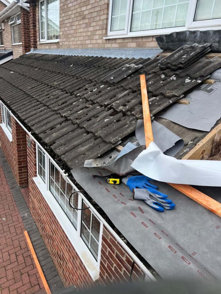 This is a photo of a pitched roof which is being repaired. The existing roof was leaking badly. Works carried out by Shirebrook Roofing Repairs